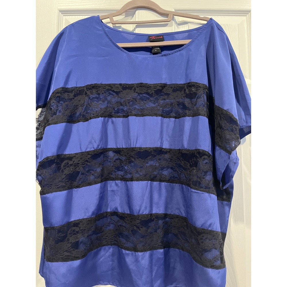 Torrid Blue Satin Lace Stripe Dolman Sleeve Blouse Top Plus Size 2 2X